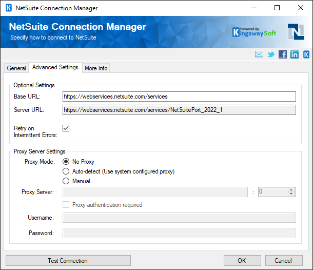 NetSuite ssis connection manager advanced settings